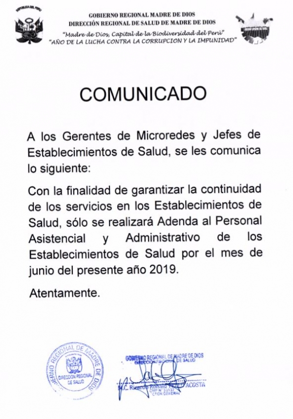 A los Gerentes de Microrredes y Jefes de Establecimientos de Salud, se les comunica lo siguiente: